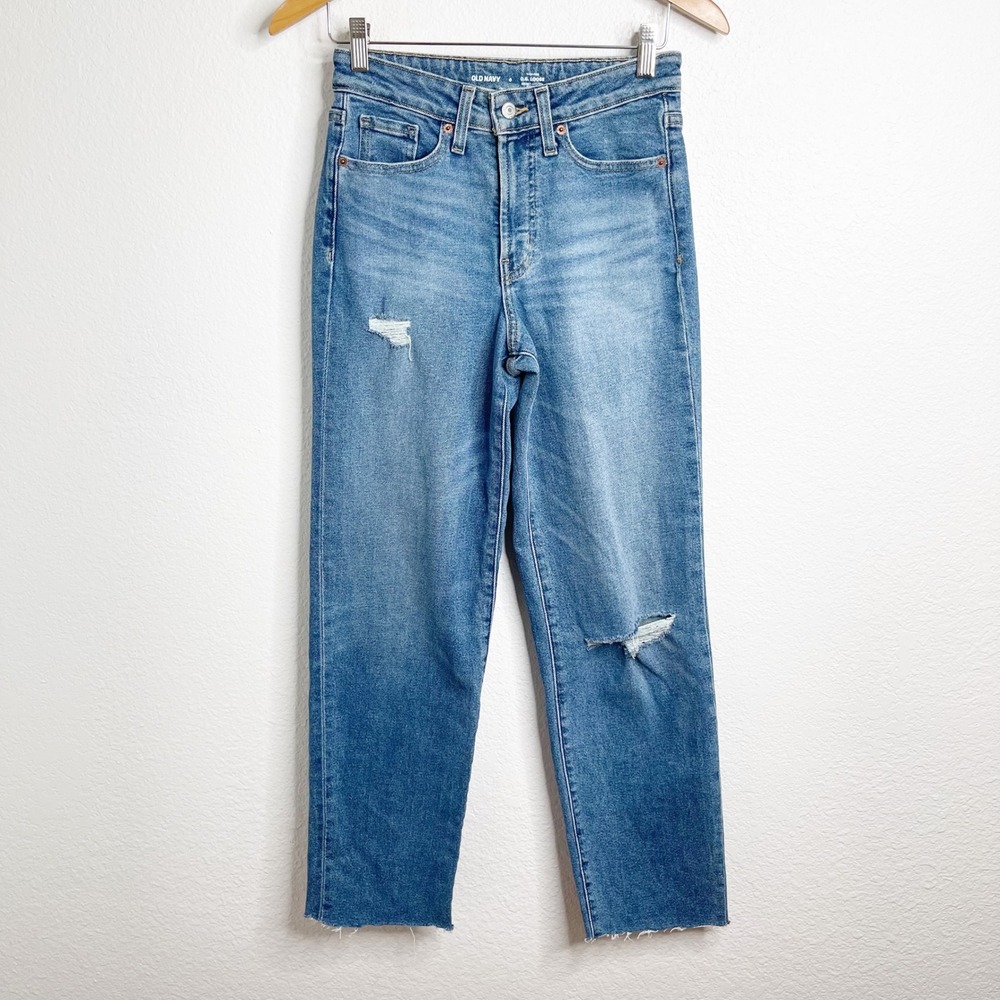 Old Navy OG Loose High Rise Distressed Straight Leg Jeans Blue Denim Size 0